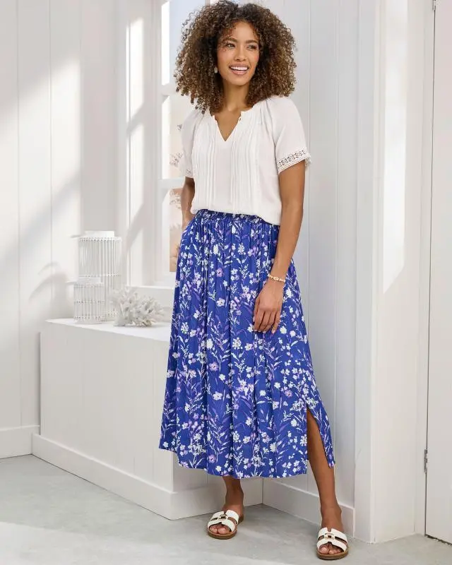 Cotton Traders Women's Pull-On Printed Crinkle Maxi Skirt in Blue, 100% Viscose