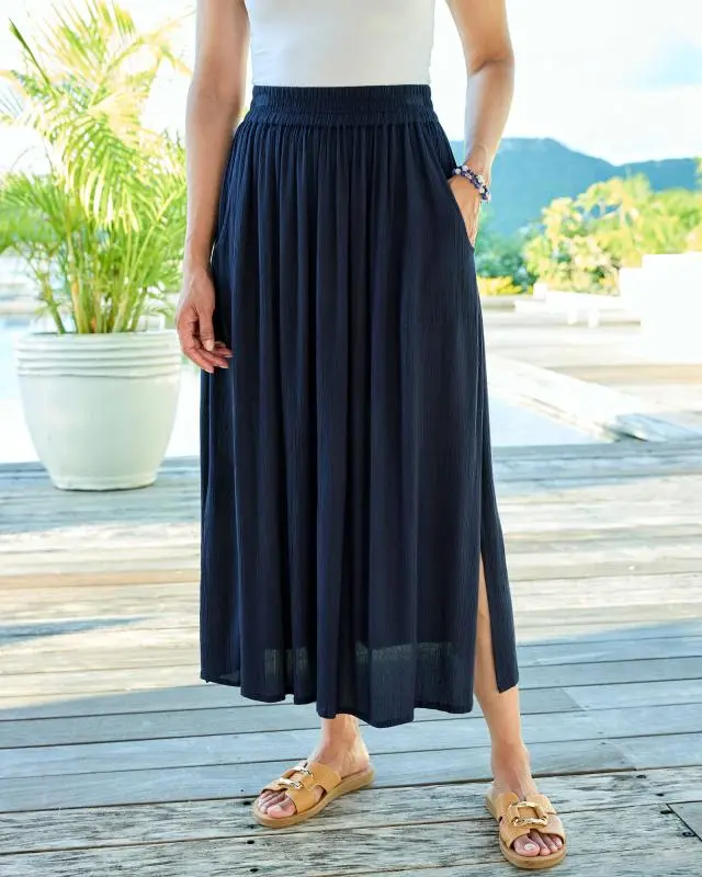 Cotton Traders Women's Pull On Crinkle Maxi Skirt in Blue, 100% Viscose