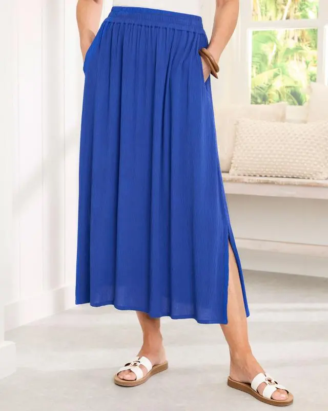 Cotton Traders Women's Pull On Crinkle Maxi Skirt in Blue, 100% Viscose