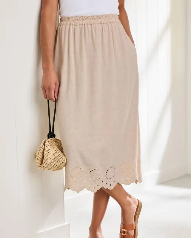 Cotton Traders Women's Pull-On Cutwork Midi Skirt, Viscose