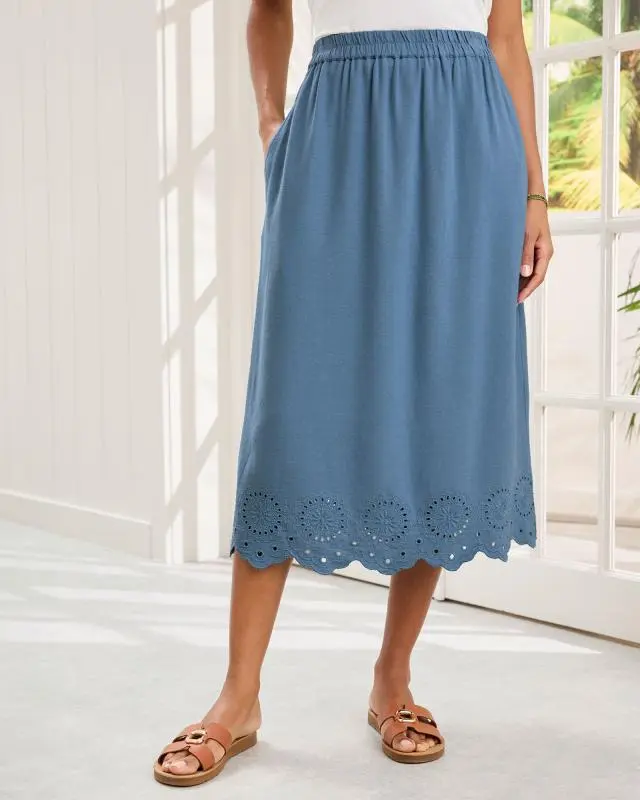 Cotton Traders Women's Pull-On Cutwork Midi Skirt in Blue, Viscose