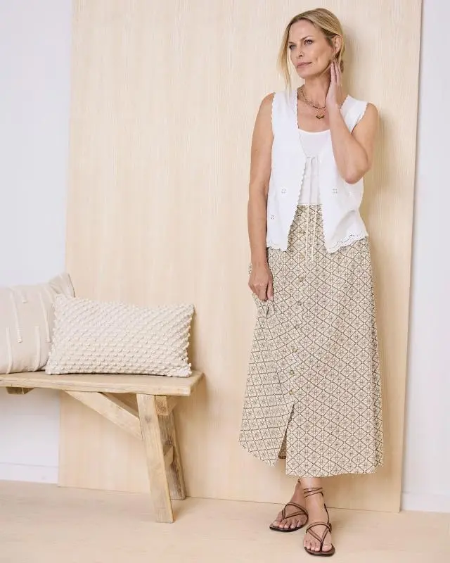 Cotton Traders Women's Mock Button Pull-On Skirt in Brown, 100% Viscose