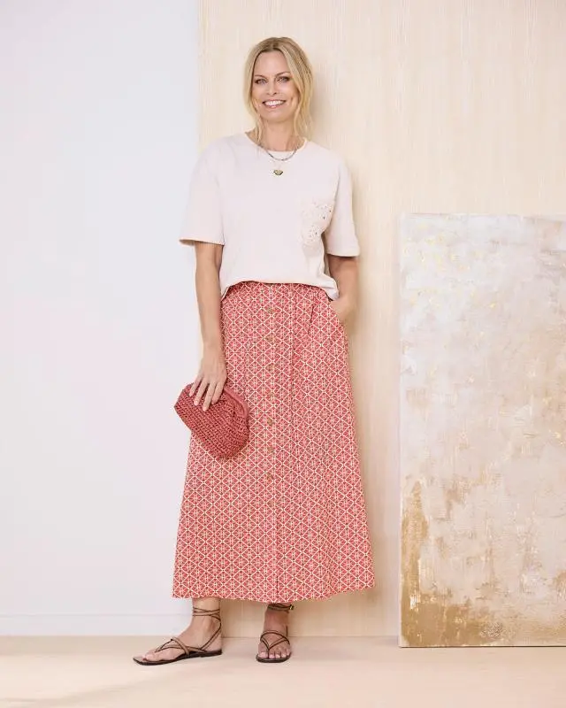 Cotton Traders Women's Mock Button Pull-On Skirt in Orange, 100% Viscose