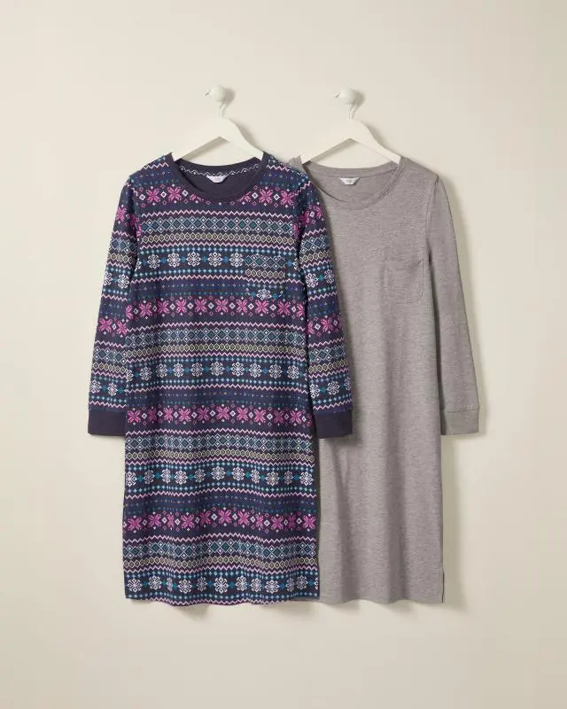 Cotton Traders Women's 2 Pack Long Sleeve Cotton Rich Nightdresses in Grey, Cotton/Viscose/Polyester