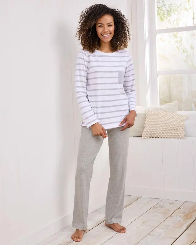 Cotton Traders Women's Jersey PJ Set in Grey, Cotton/Viscose/Elastane