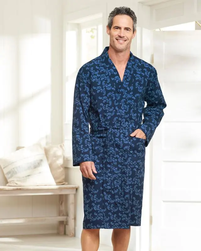 Cotton Traders Woven Dressing Gown in Blue, 100% Cotton