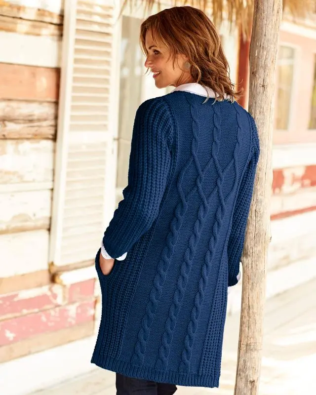 Cotton Traders Women's Longline Cable Coatigan in Blue, Acrylic