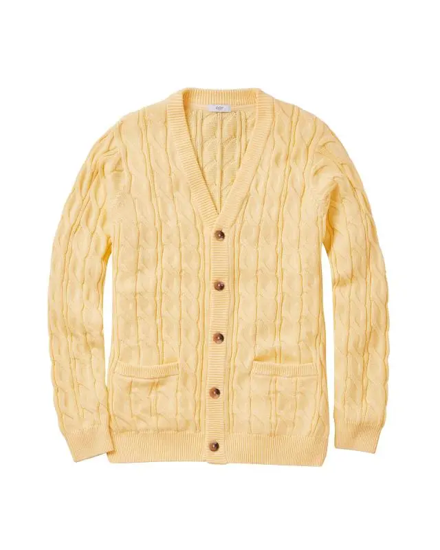 Cotton Traders Cotton Cable Knit Button-Through Cardigan in Yellow, 100% Cotton
