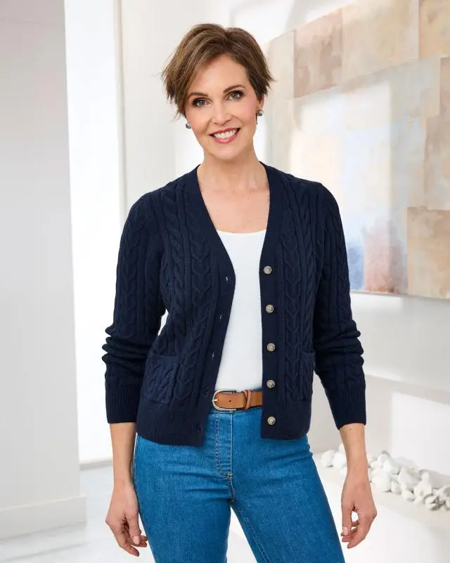 Cotton Traders Women's Cutest Cable V-Neck Cardigan in Blue, Polyamide/Viscose/Polyester