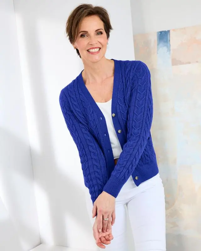 Cotton Traders Women's Cutest Cable V-Neck Cardigan in Blue, Polyamide/Viscose/Polyester