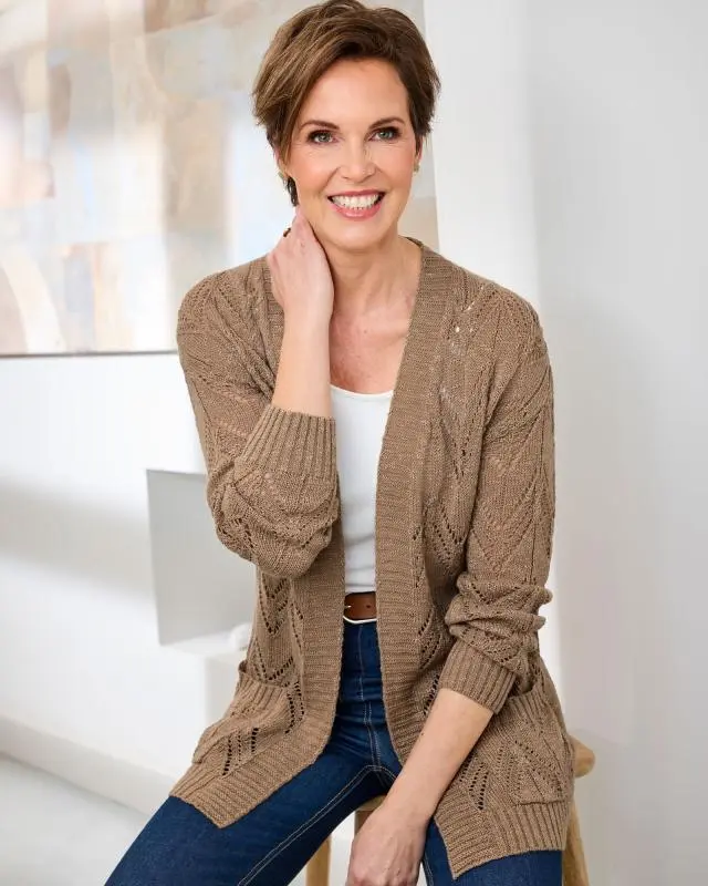 Cotton Traders Women's Longline Pointelle Cardigan in Beige, Polyamide/Acrylic