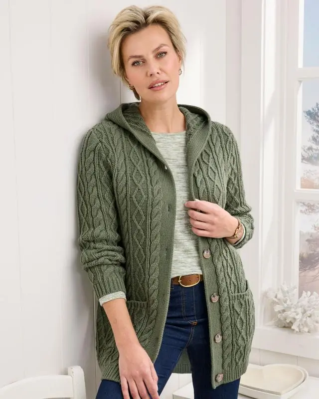 Cotton Traders Women's Longline Hooded Cardigan in Green, 100% Acrylic