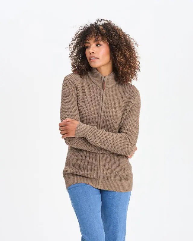 Cotton Traders Sherpa Trim Cardigan in Beige, Polyester/Acrylic/Wool