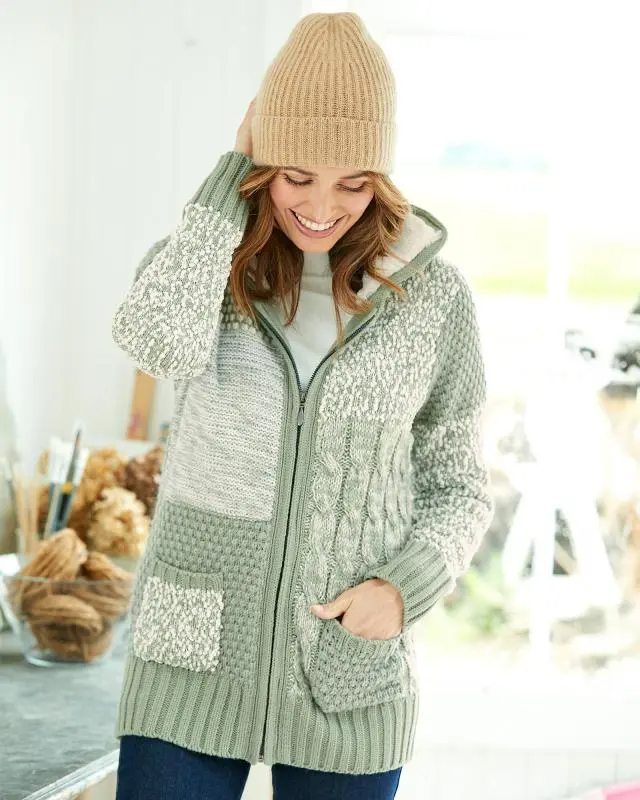 Cotton Traders Women's Hooded Knitted Zip Cardigan in Green, 100% Polyester