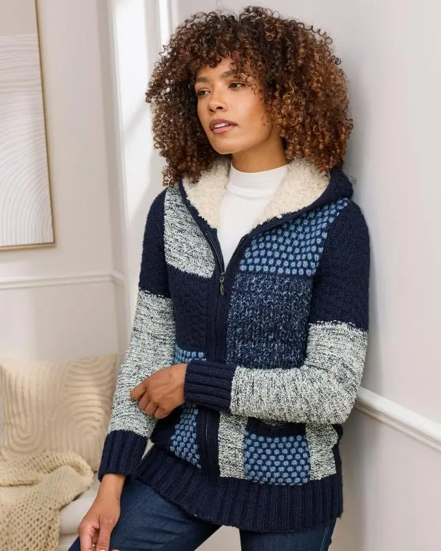 Cotton Traders Women's Hooded Knitted Zip Cardigan in Blue, 100% Polyester