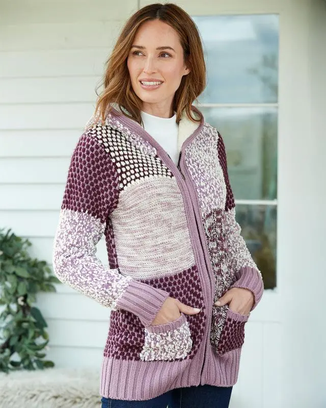 Cotton Traders Women's Hooded Knitted Zip Cardigan in Pink, 100% Polyester