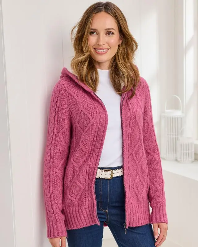 Cotton Traders Women's Cable Hooded Zip Cardigan in Pink, 100% Polyester