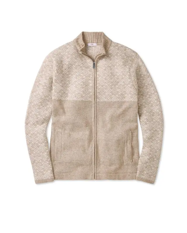 Cotton Traders Fair Isle Zip-Through Cardigan in Beige, Polyester/Acrylic/Wool