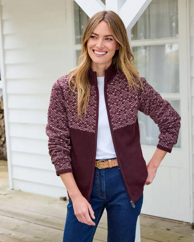 Cotton Traders Fair Isle Zip-Through Cardigan in Red, Polyester/Acrylic/Wool