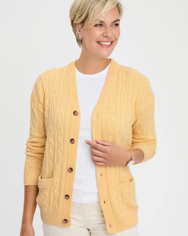 Cotton Traders Cotton Cable Button Through Cardigan in Yellow, 100% Cotton