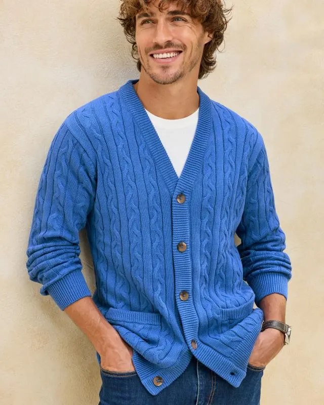 Cotton Traders Cotton Cable Button Through Cardigan in Blue, 100% Cotton