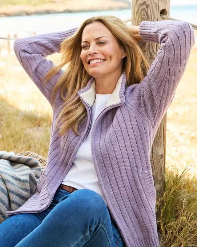 Cotton Traders Sherpa Trim Cardigan in Purple, Polyester/Acrylic/Wool