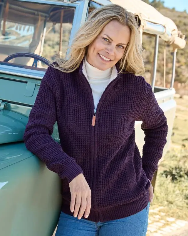 Cotton Traders Sherpa Trim Cardigan in Purple, Polyester/Acrylic/Wool