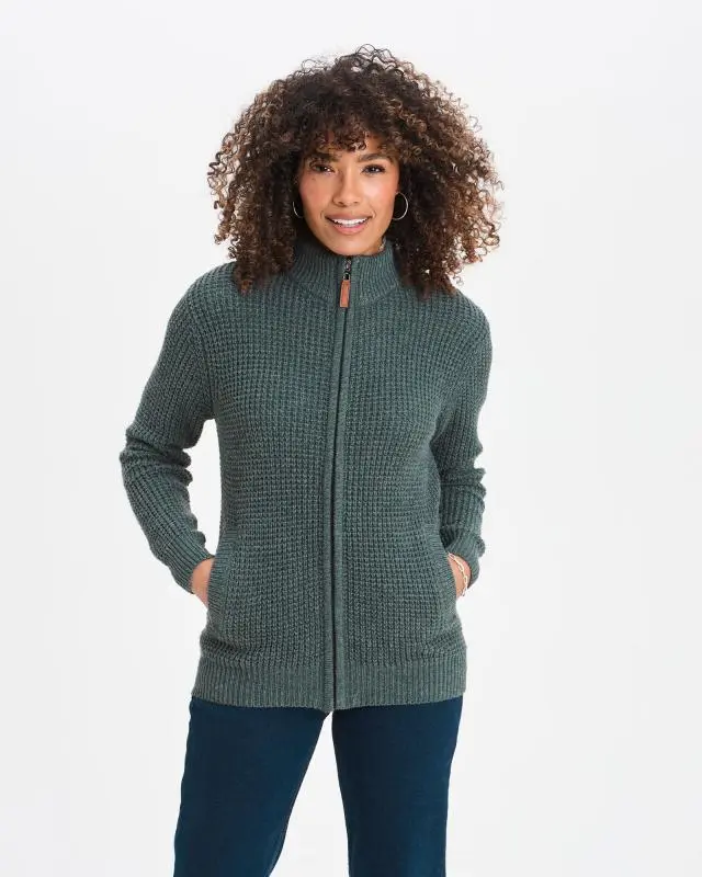 Cotton Traders Sherpa Trim Cardigan in Green, Polyester/Acrylic/Wool