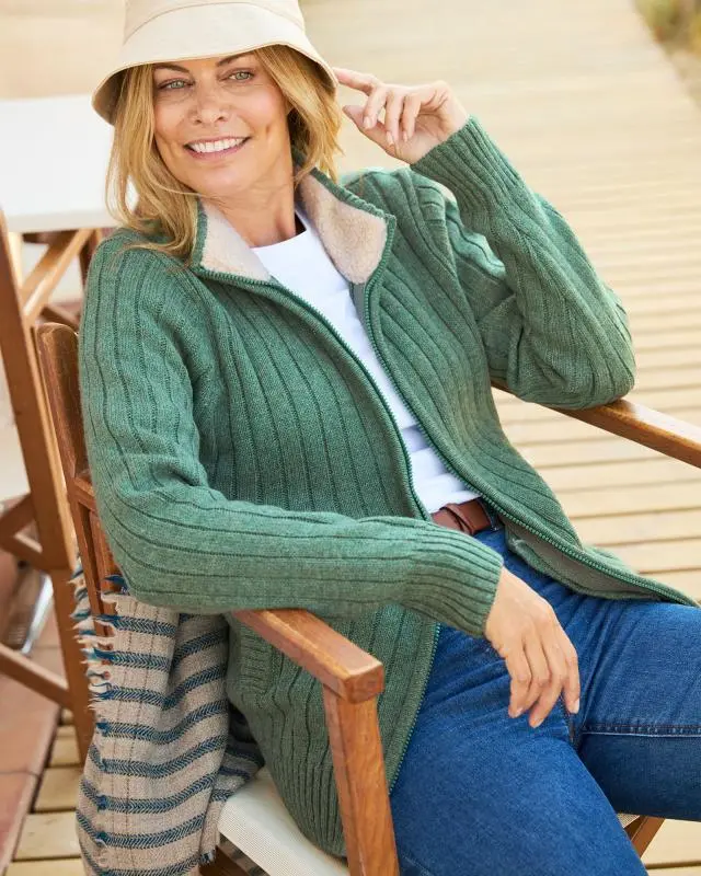 Cotton Traders Sherpa Trim Cardigan in Green, Polyester/Acrylic/Wool