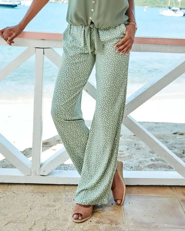 Cotton Traders Women's Printed Pull-On Wide Leg Trousers in Green, 100% Viscose