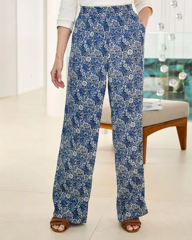 Cotton Traders Women's Printed Wide-Leg Trousers in Blue, 100% Polyester