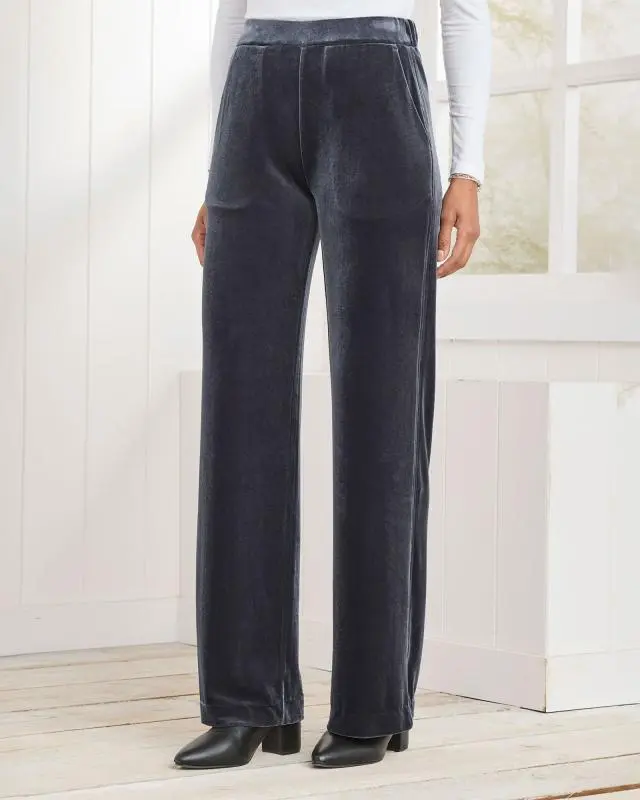 Cotton Traders Women's Pull-On Wide Leg Velour Trousers in Grey, Polyester/Elastane