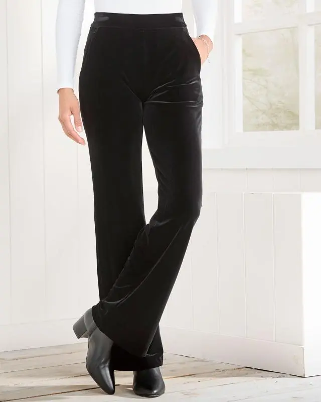 Cotton Traders Women's Pull-On Wide Leg Velour Trousers in Black, Polyester/Elastane