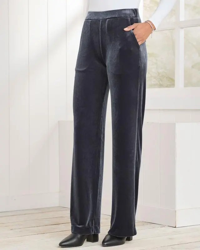 Cotton Traders Women's Pull-On Wide Leg Velour Trousers in Grey, Polyester/Elastane