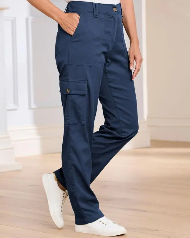 Cotton Traders Women's Straight-Leg Cargo Trousers in Blue, Cotton/Elastane