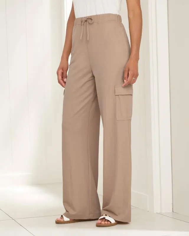 Cotton Traders Women's Pull-On Cargo Jersey Wide-Leg Trousers in Beige, Polyamide/Viscose