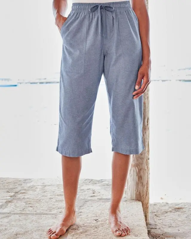 Cotton Traders Cotton Pull-On Cropped  Trousers in Blue, 100% Cotton