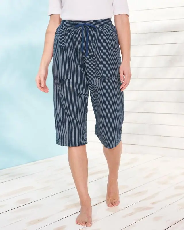 Cotton Traders Cotton Pull-On Cropped  Trousers in Blue, 100% Cotton