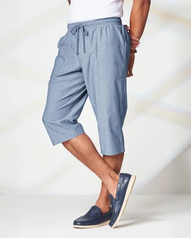 Cotton Traders Cotton Pull-On Cropped  Trousers in Blue, 100% Cotton