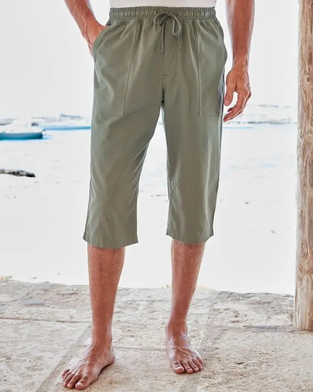 Cotton Traders Cotton Pull-On Cropped  Trousers in Green, 100% Cotton