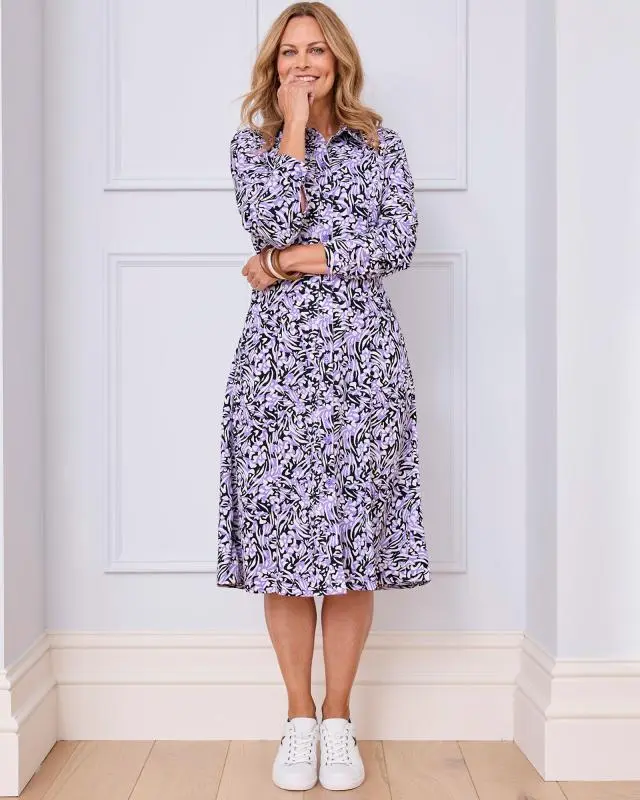 Cotton Traders Women's Must-Have Print Midi Shirt Dress in Purple, 100% Polyester