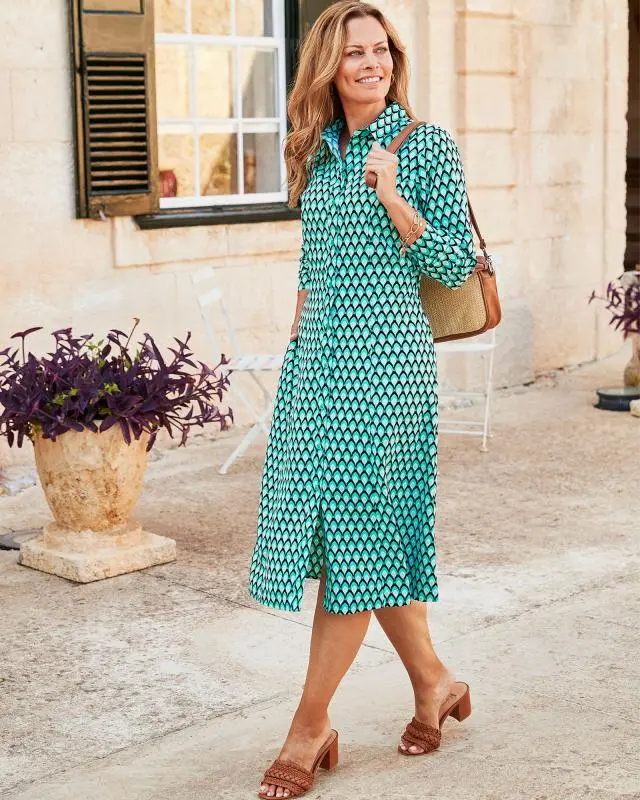 Cotton Traders Women's Must-Have Print Midi Shirt Dress in Green, 100% Polyester