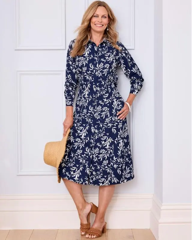 Cotton Traders Women's Must-Have Print Midi Shirt Dress in Blue, 100% Polyester