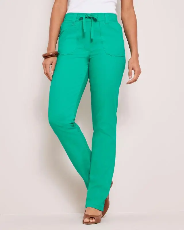 Cotton Traders Women's Wrinkle Free Pull-On Straight-Leg Trousers in Green, 100% Cotton