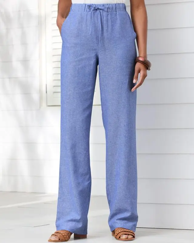 Cotton Traders Women's Linen-Blend Relaxed Fit Trousers in Blue, Viscose