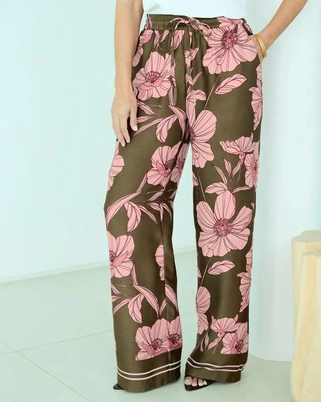 Cotton Traders Women's Print Wide Leg Pull On Trousers in Green, 100% Polyester