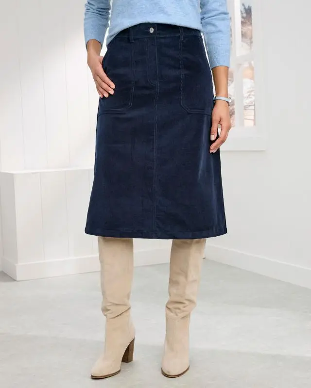 Cotton Traders Women's Stretch Cord Midi Skirt in Navy, Cotton/Elastane