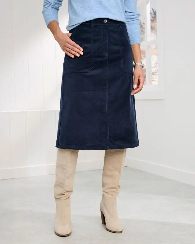 Cotton Traders Women's Stretch Cord Midi Skirt in Navy, Cotton/Elastane
