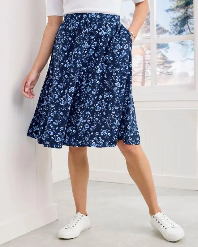 Cotton Traders Women's Pull On Jersey Knee Length Skirt in Blue, Cotton/Elastane