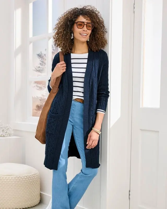 Cotton Traders Women's Longline Cotton Cable Cardigan in Navy, 100% Cotton